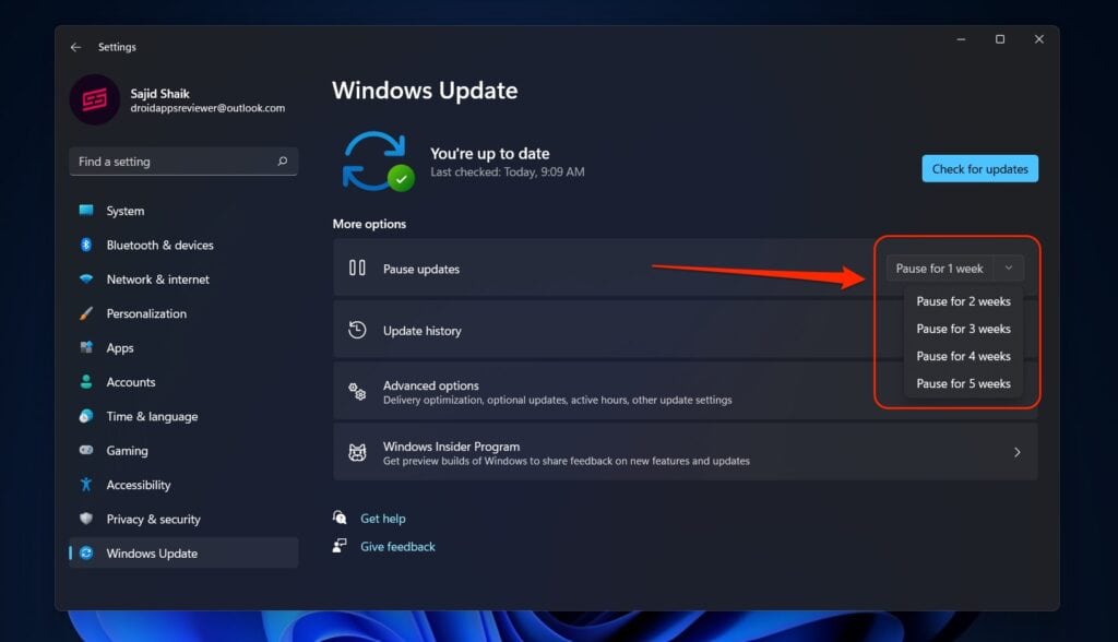 Pause Automatic Updates from Windows 11 Settings