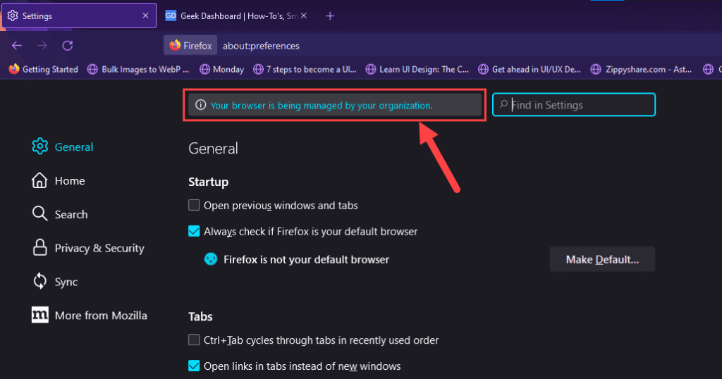 Your Browser is Managed by an Organization error in Firefox