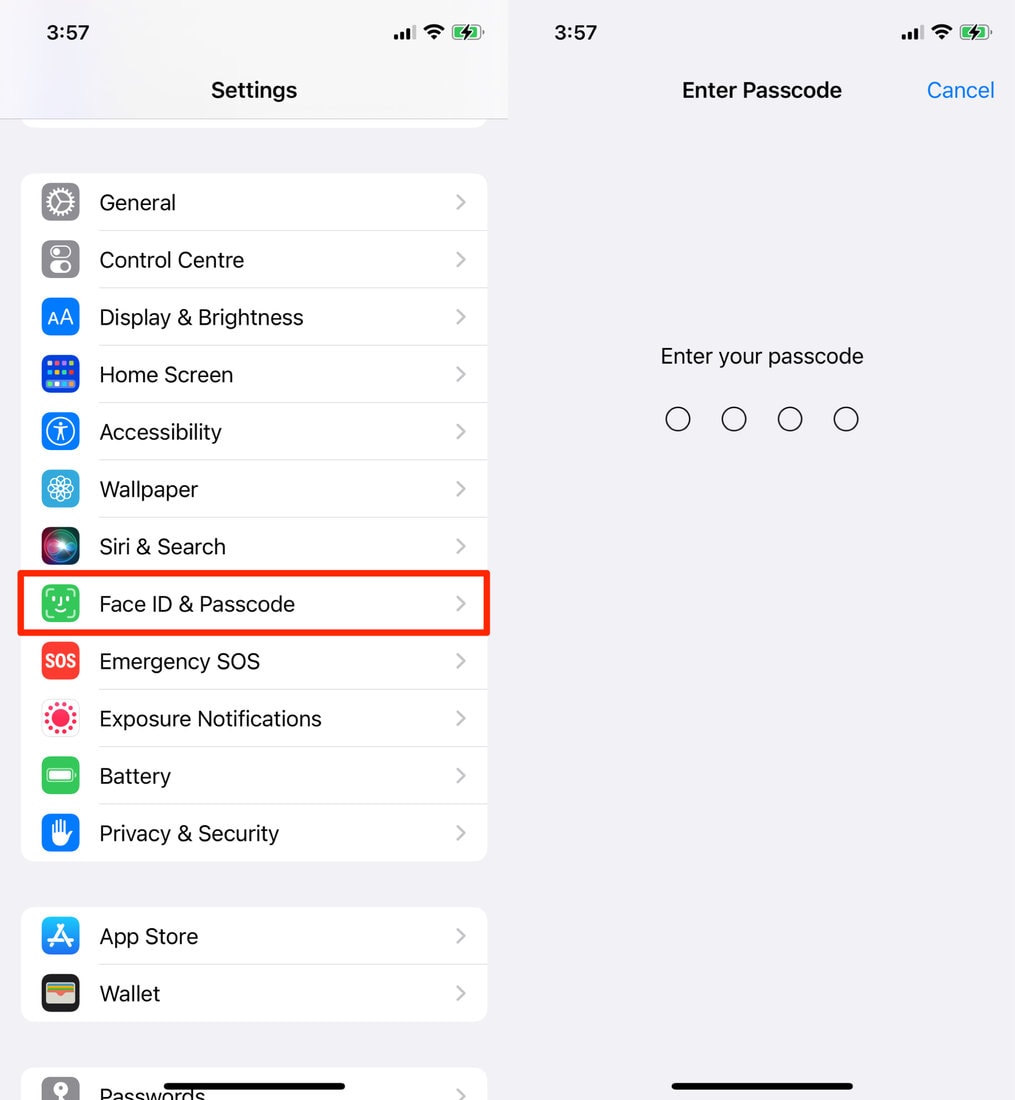Face ID & Passcode Settings on iOS
