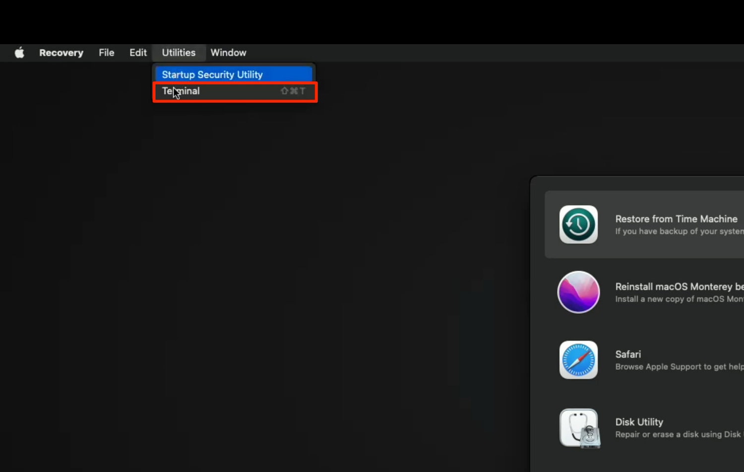 Select Utilities and theen Terminal in macOS Recovery