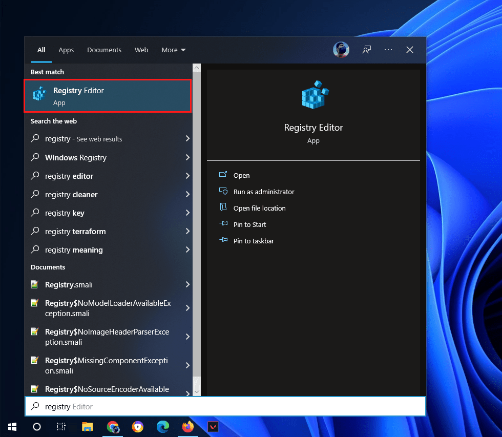 Search and Open Registry Editor in Start Menu