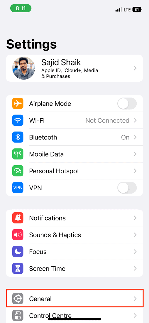 Open iPhone settings and select General