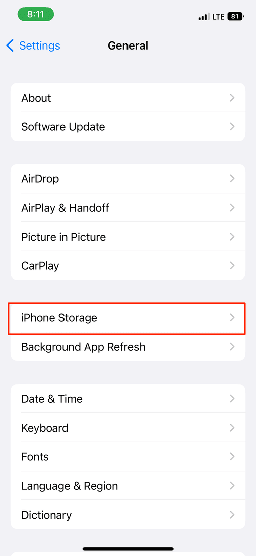 Select iPhone Storage from General Settings
