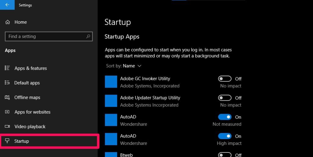 Windows Apps Startup Settings