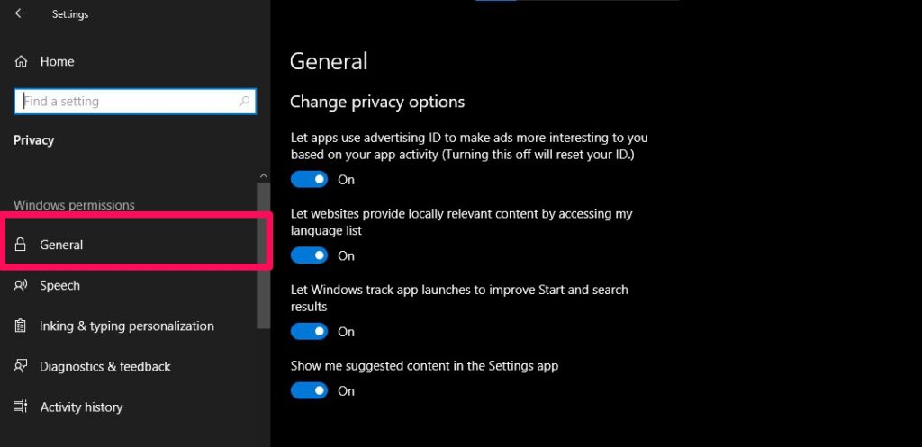 Configuração de Privacidade do Windows Geral