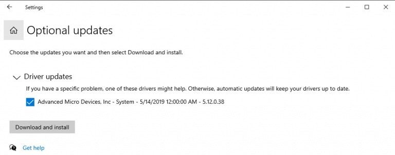Driver updates via Optional updates option in Windows Settings