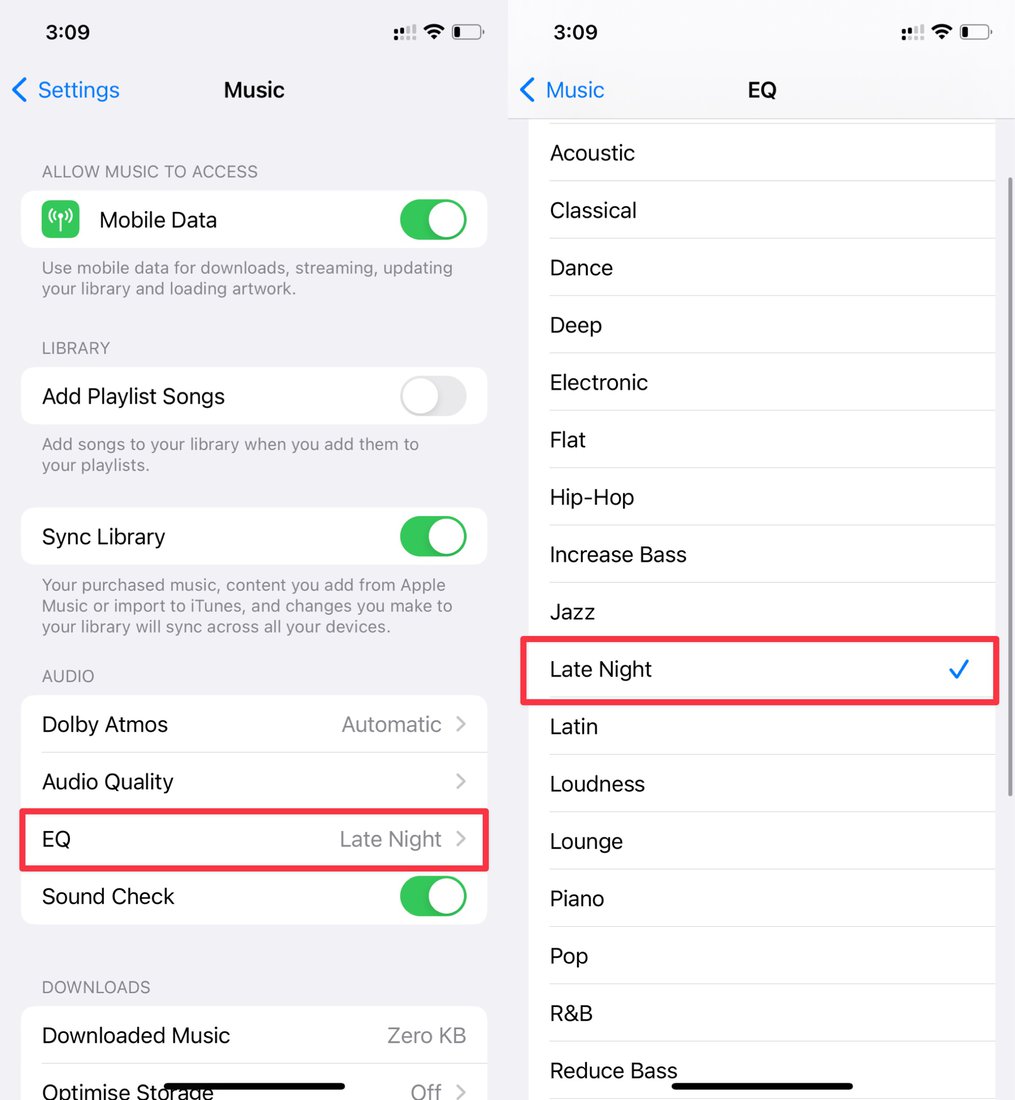 Change EQ option in Music Settings on iOS