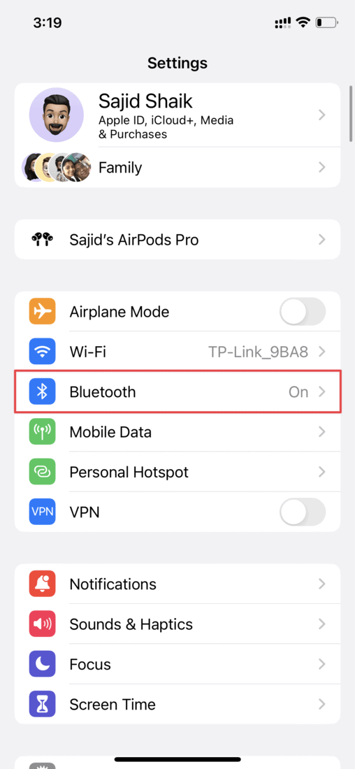 Select Bluetooth from iOS Settings