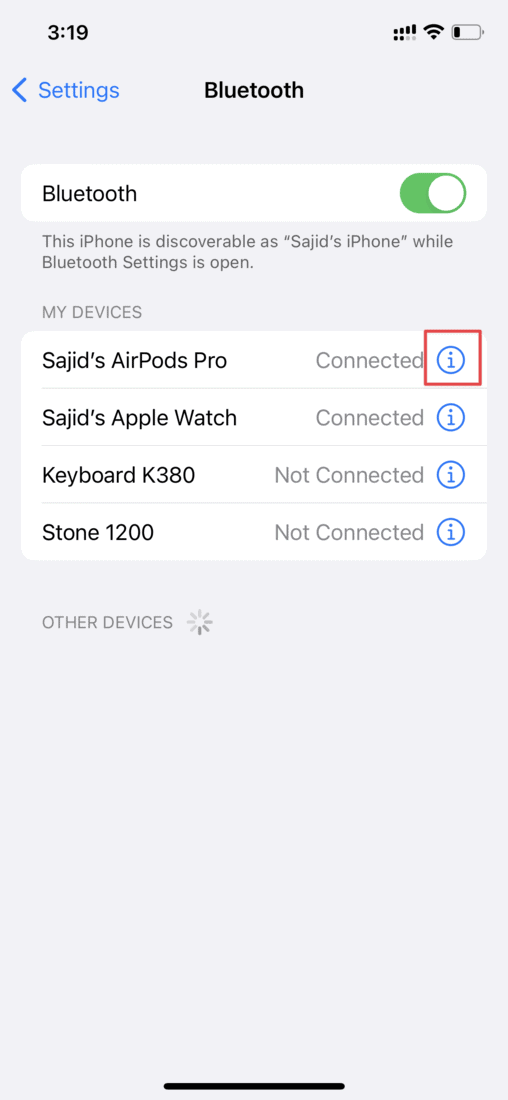 Tap i button next to AirPods in Bluetooth Settings