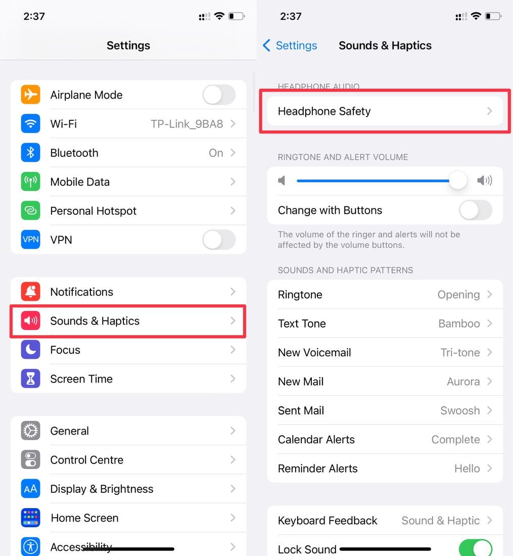 Select Sounds & Haptics in Settings and go to Headphone Safety
