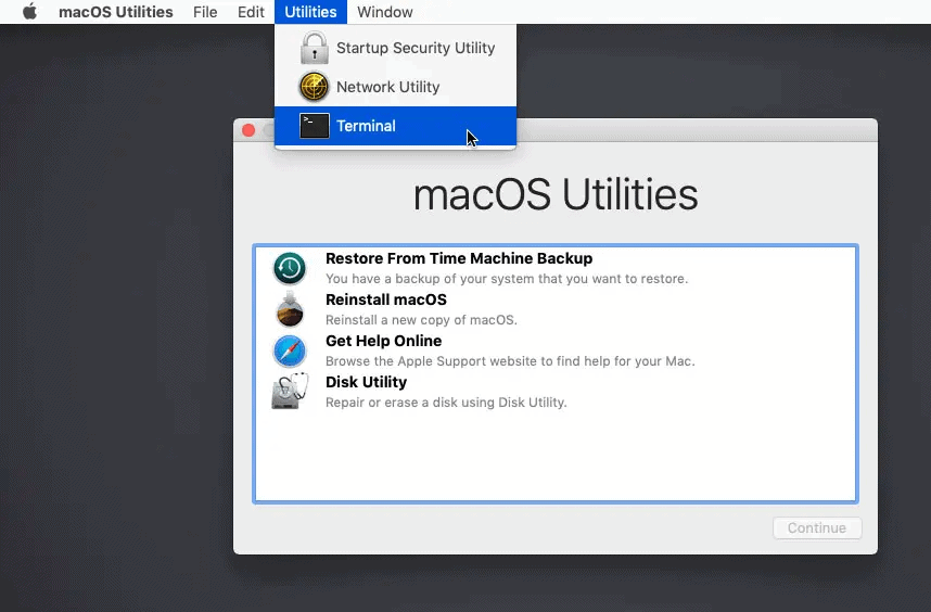 Select Terminal from Utilities in macOS Recovery Mode