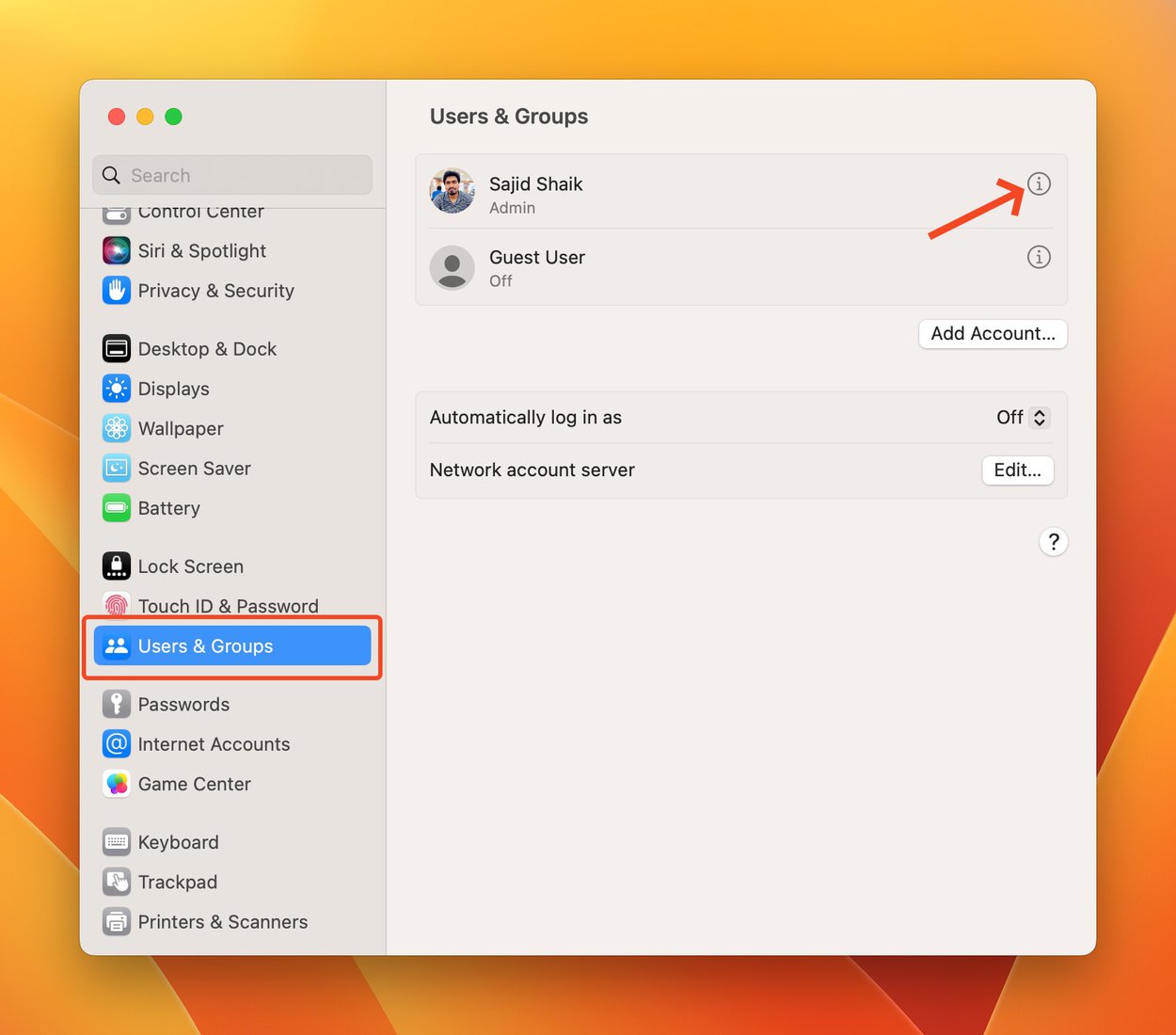 Select users & Groups and then Select the i button in macOS Ventura System Settings