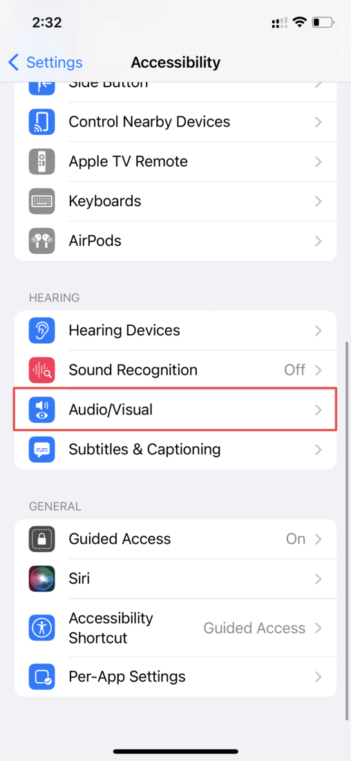 Select Audio Visual option in Accessibility