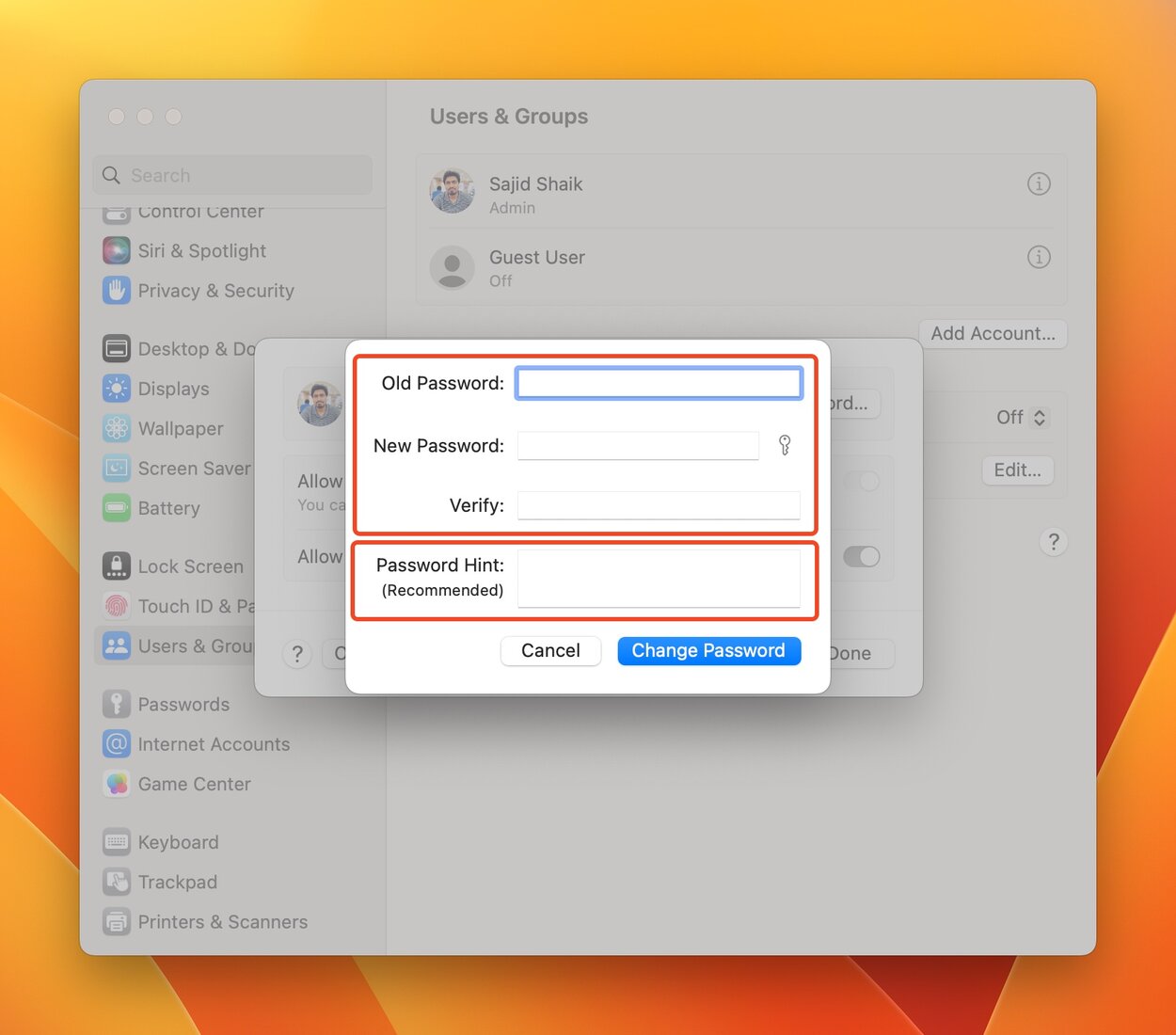 Set New Password in Users and Groups section under macOS Ventura System Settings
