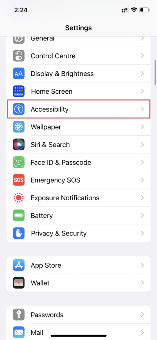Select Accessibility from Settings on iOS