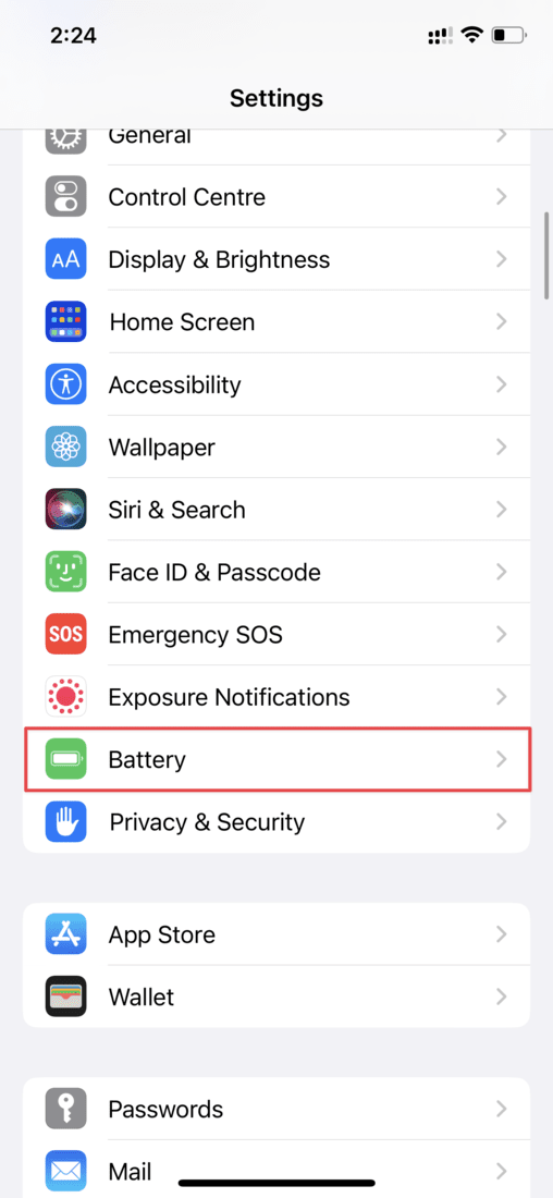 Select Battery from Settings on iOS