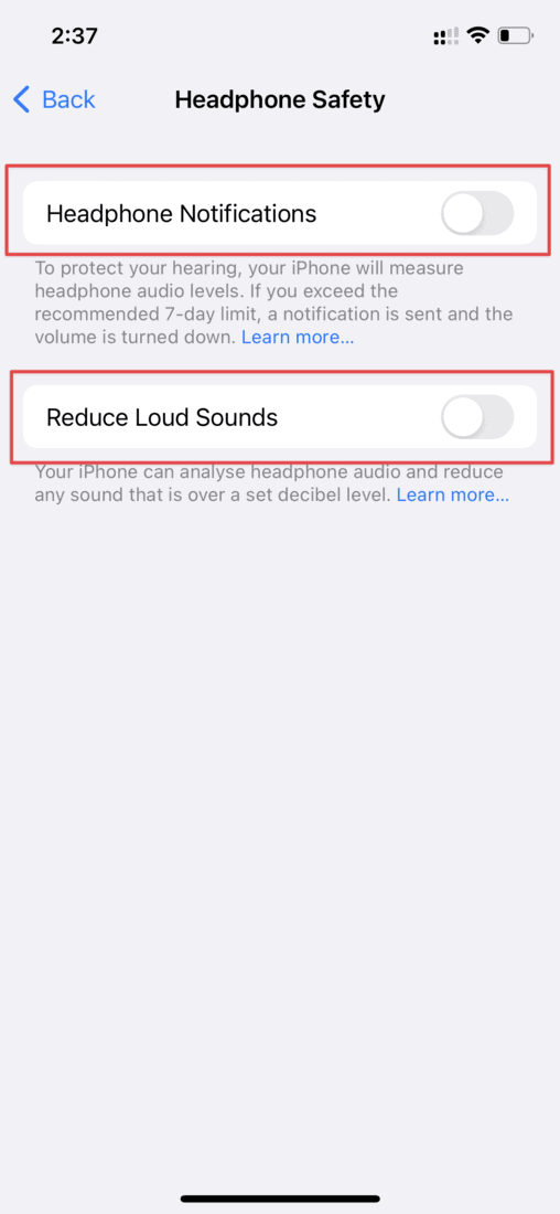 Turn Off Headphone Notifications and Reduce Loud Sounds Options to fix the quiet AirPods issue