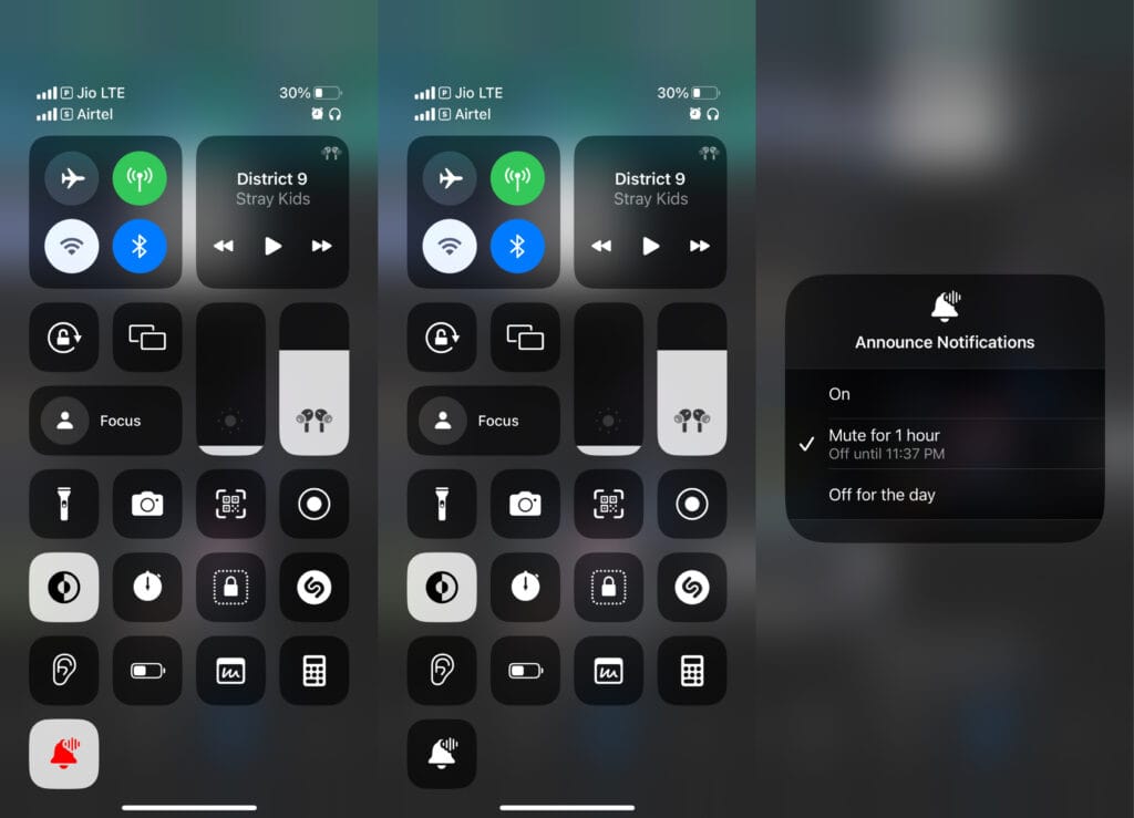 announce notifications option in control center