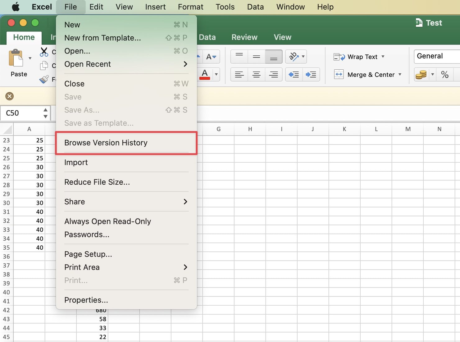 Select Browse Version History option from the File menu in Excel (Mac)