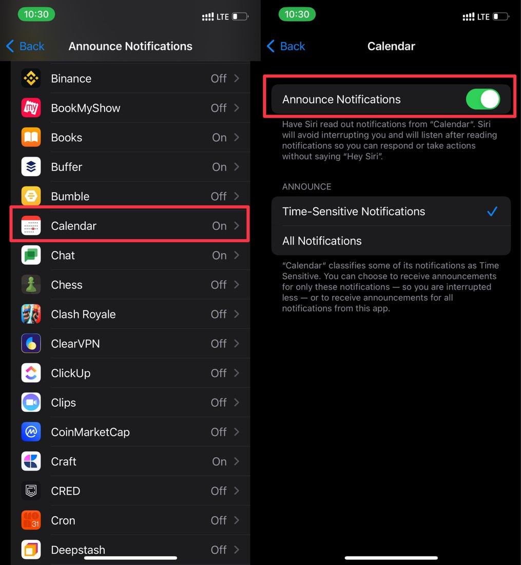 toggle on announce notifications for specific apps