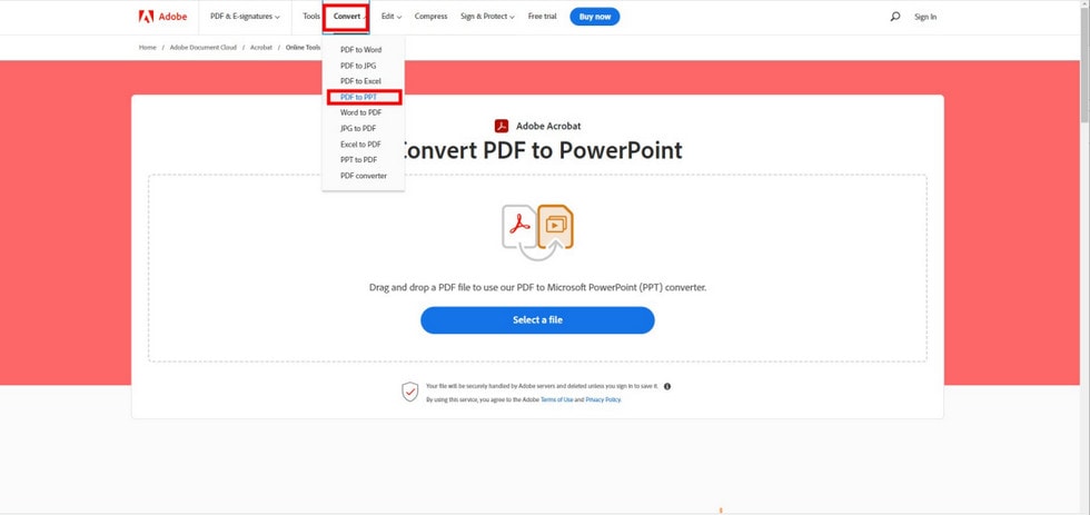 PDF to PPT Operation Page in Adobe Online