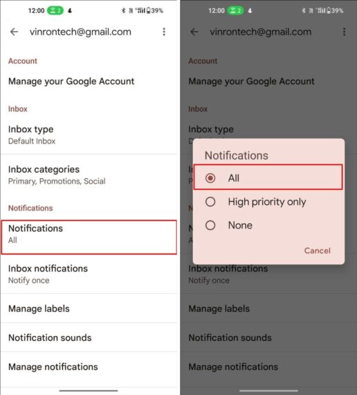Notification Settings in Gmail