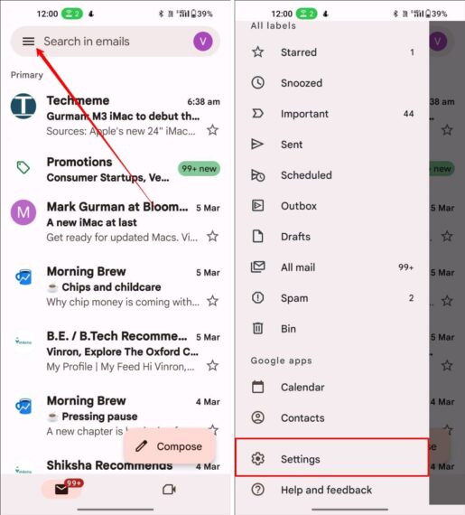Settings option in Gmail