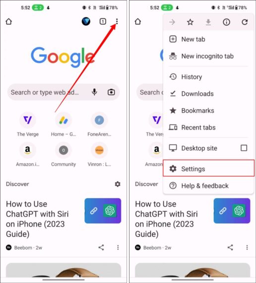Google Chrome Home Screen and settings