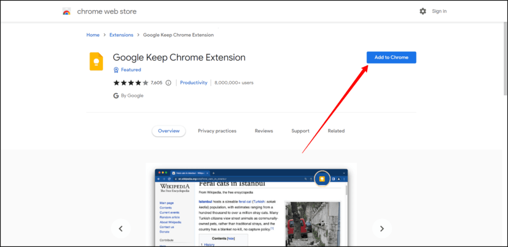 Google Keep Chrome Extension Page