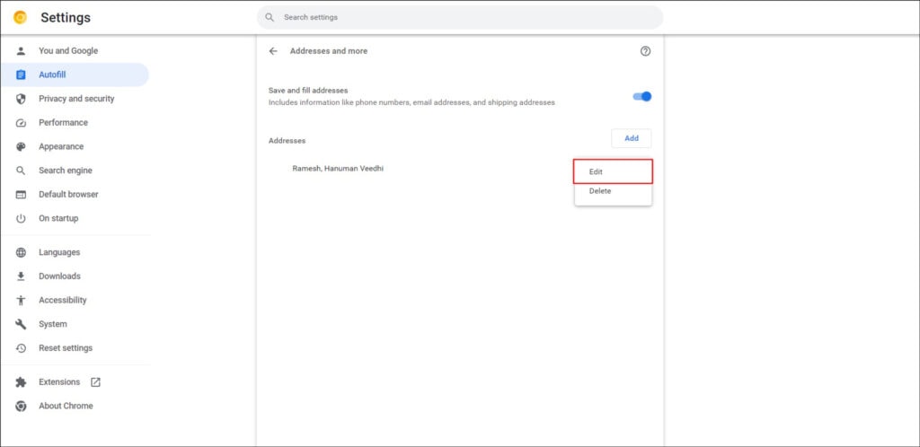 Autofill addresses settings on Google Chrome