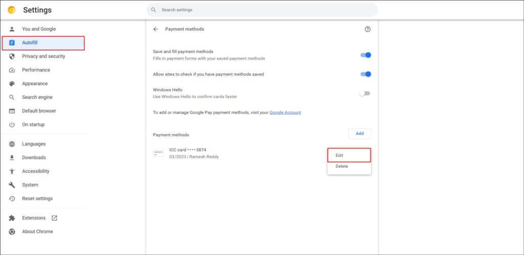Autofill payment settings on Google Chrome