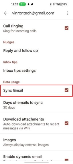 Sync Gmail option in the General mail settings