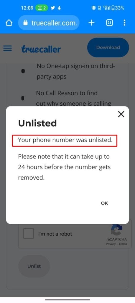 Your Phone number was unlisted message 