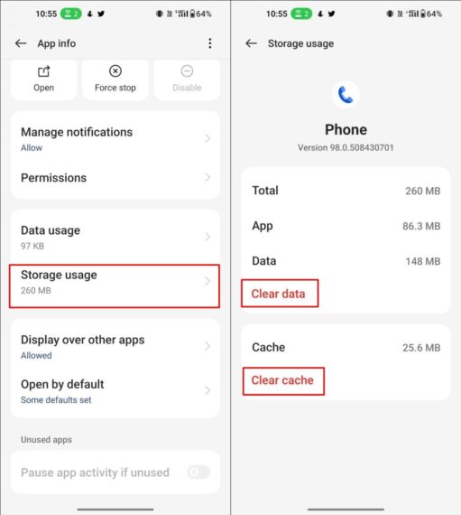 Clear Google Phone app cache and data