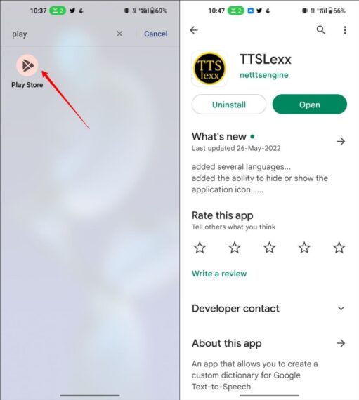 TTSLexx app on Google Play Sore 