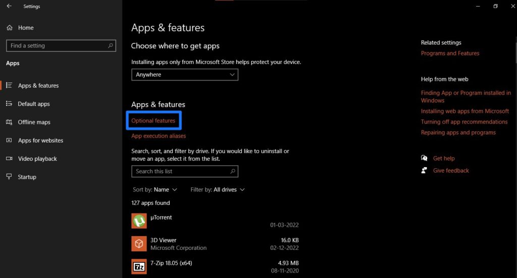Optional Features Menu in Apps and Features Settings