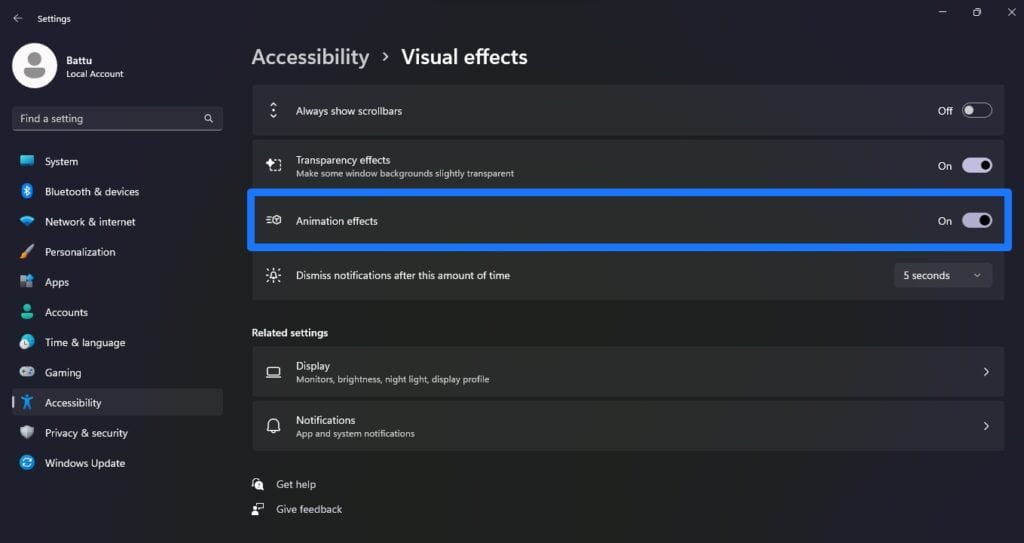 Disable Animation Effects on Windows 11