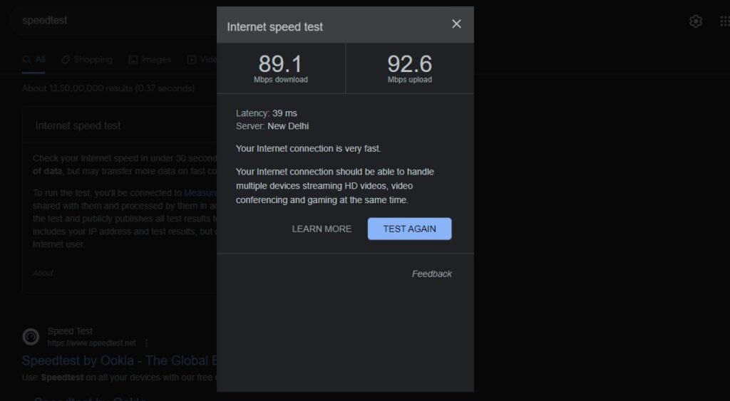 Check internet connection by performing a speed test