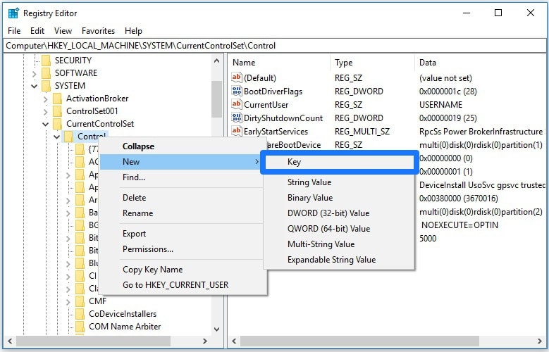 New Key in Control Folder of Registry Editor