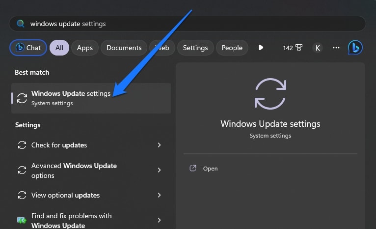 Search for Windows Update settings in Start Menu