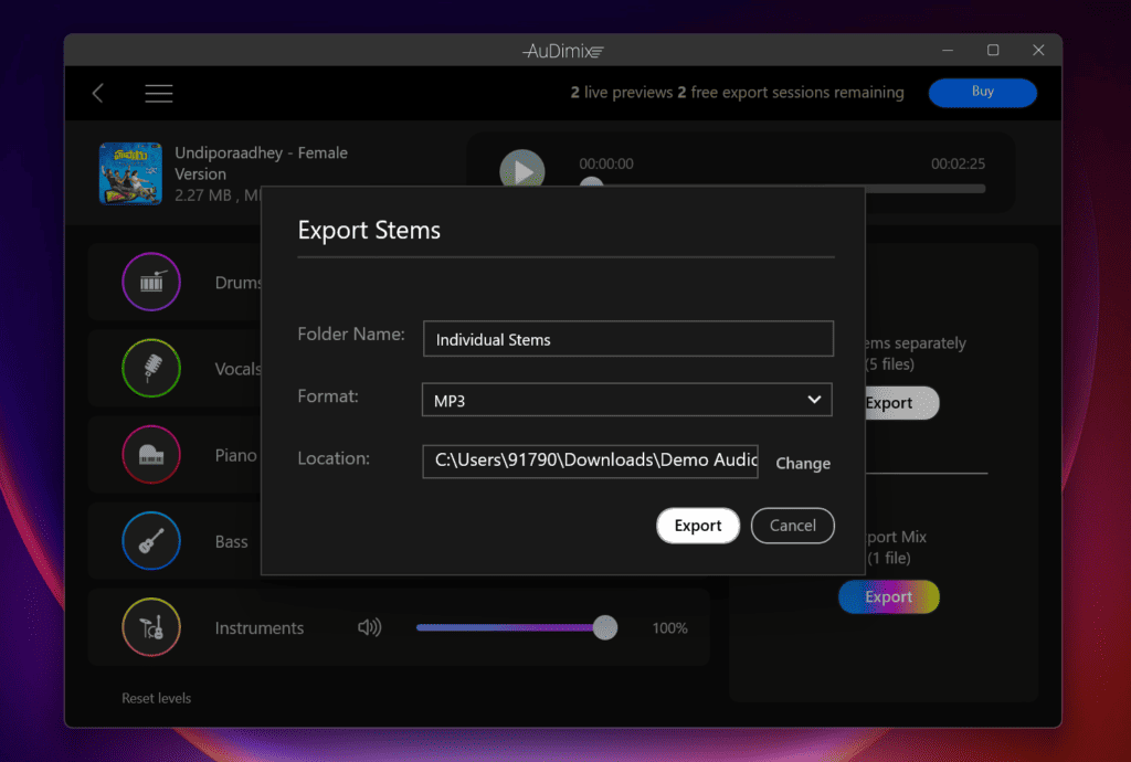 AuDimix - Export Options