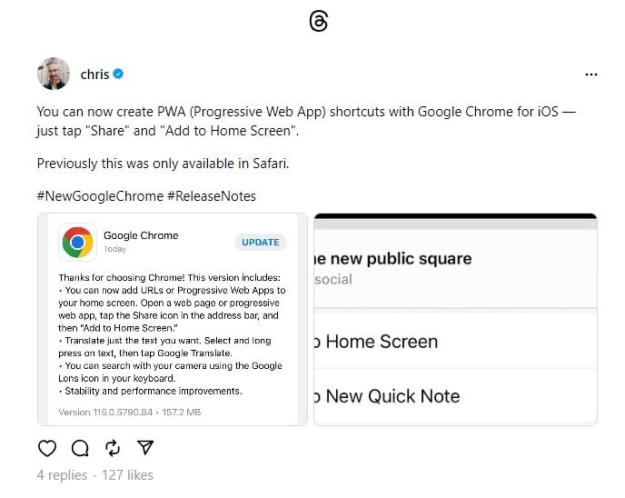 Google Chrome iOS Webapps
