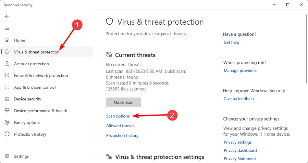Virus & threat protection, Scan options