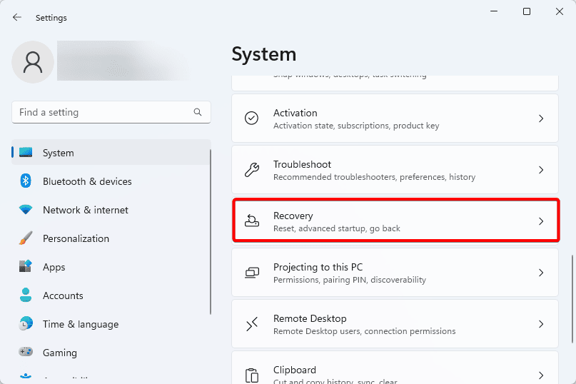 Select Recovery from Windows Settings