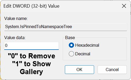 Write 0 to remove and 1 to show Gallery