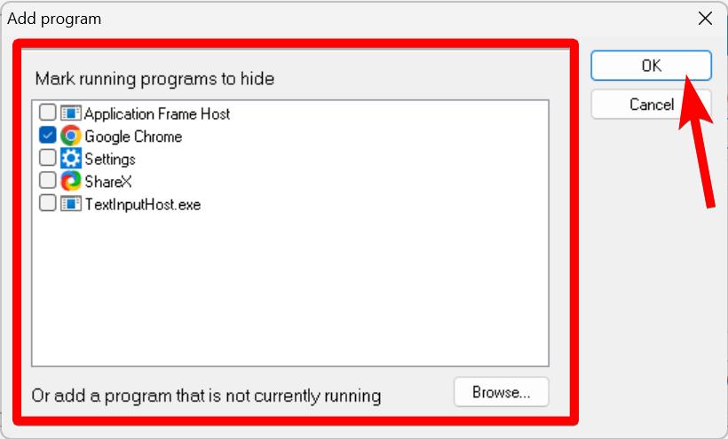 Add Program Option with Running Programs and Browse in Hide Window Tool