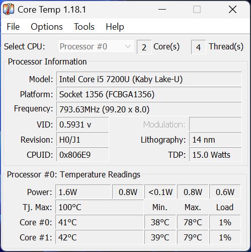 Core Temp application showing Cores Temperature and other details