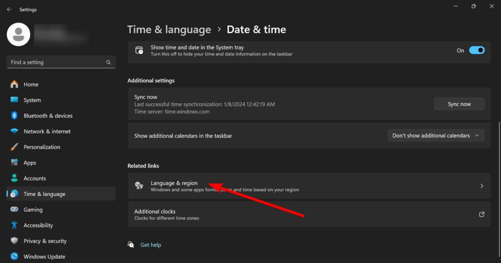 Date & time settings with Language & region option