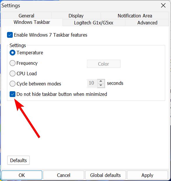 Do not hide taskbar button when minimized option is Tick Mark in Core Temp settings