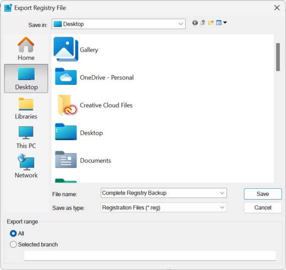 Export Registry File window for choosing destination and Save option